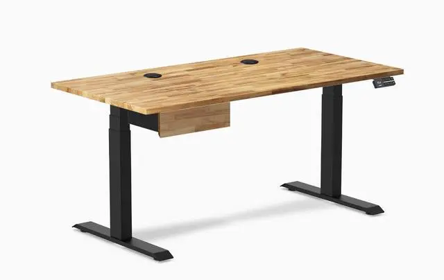 Main image of Desky Dual Hardwood Standing Desk With Drawer - Acacia / 60 x 30 in with Grommets / Matte Black