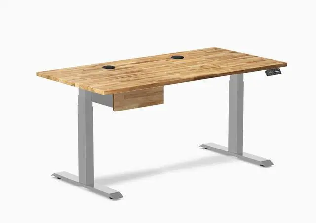 Main image of Desky Dual Hardwood Standing Desk With Drawer - Acacia / 60 x 30 in with Grommets / Gray