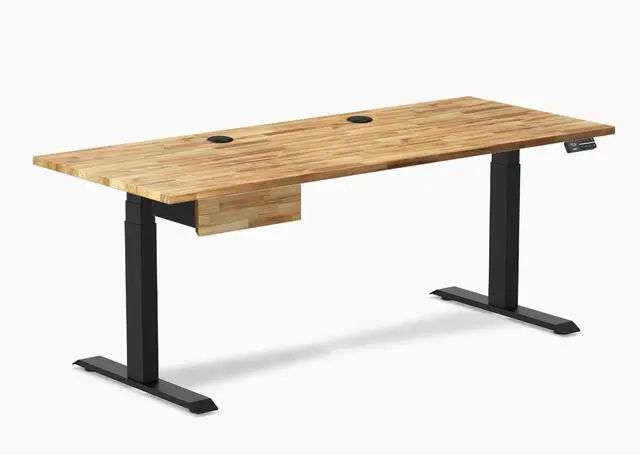 Main image of Desky Dual Hardwood Standing Desk With Drawer - Acacia / 72 x 30 in with Grommets / Matte Black