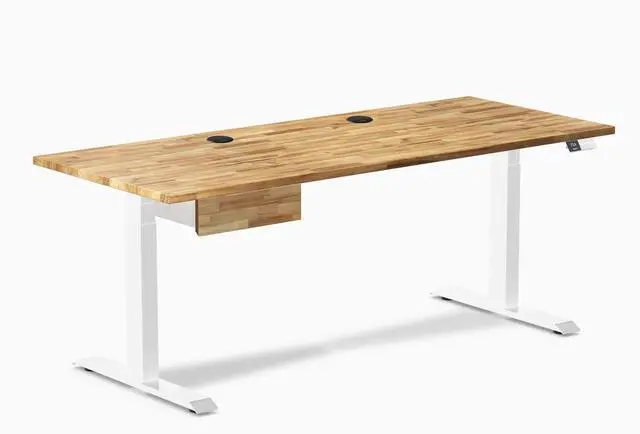 Main image of Desky Dual Hardwood Standing Desk With Drawer - Acacia / 72 x 30 in with Grommets / White
