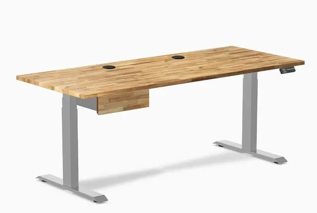 Main image of Desky Dual Hardwood Standing Desk With Drawer - Acacia / 72 x 30 in with Grommets / Gray