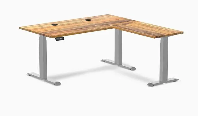 Main image of Desky Hardwood L-Shape Sit Stand Desk - Teak / 60 x 30 x 62 x 20 in with Grommets / Gray