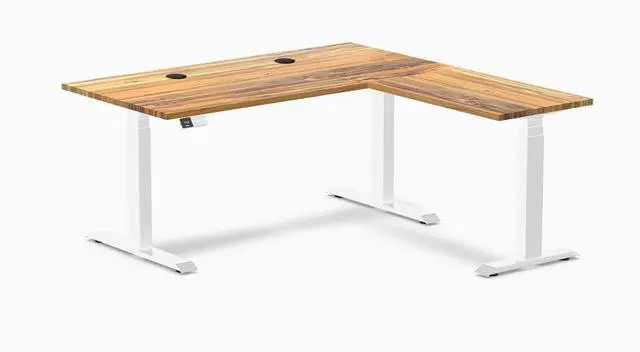 Main image of Desky Hardwood L-Shape Sit Stand Desk - Teak / 60 x 30 x 62 x 20 in with Grommets / White