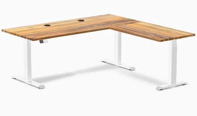 Main image of Desky Hardwood L-Shape Sit Stand Desk - Teak / 72 x 30 x 70 x 24 in with Grommets / White