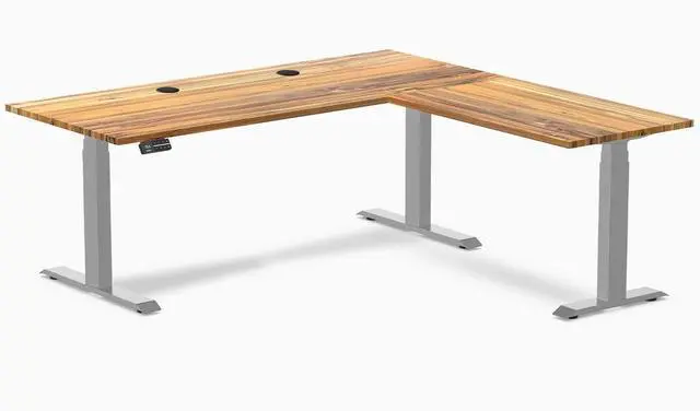 Main image of Desky Hardwood L-Shape Sit Stand Desk - Teak / 72 x 30 x 70 x 24 in with Grommets / Gray