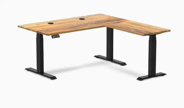 Main image of Desky Hardwood L-Shape Sit Stand Desk - Teak / 60 x 30 x 62 x 20 in with Grommets / Matte Black