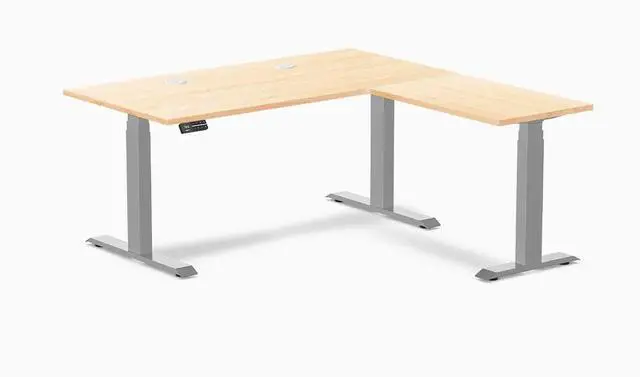 Main image of Desky Hardwood L-Shape Sit Stand Desk - Maple / 60 x 30 x 62 x 20 in with Grommets / Gray