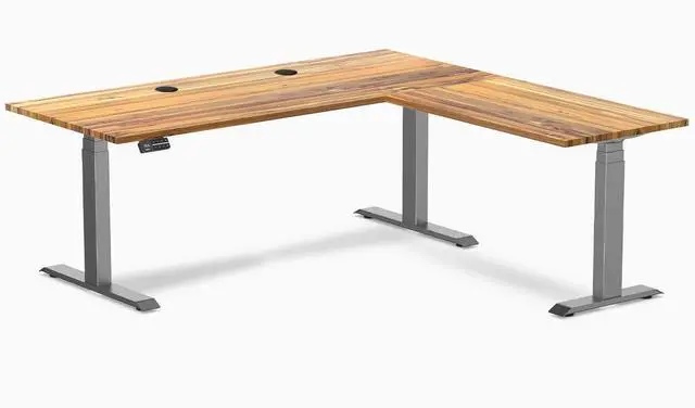 Main image of Desky Hardwood L-Shape Sit Stand Desk - Teak / 72 x 30 x 70 x 24 in with Grommets / Space Gray