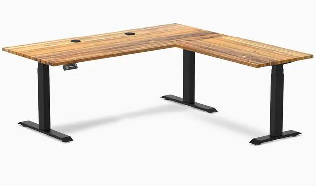 Main image of Desky Hardwood L-Shape Sit Stand Desk - Teak / 72 x 30 x 70 x 24 in with Grommets / Matte Black