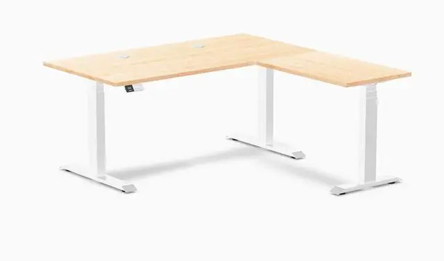 Main image of Desky Hardwood L-Shape Sit Stand Desk - Maple / 60 x 30 x 62 x 20 in with Grommets / White