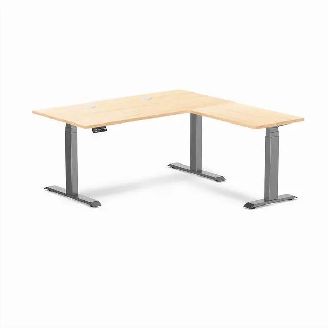Main image of Desky Hardwood L-Shape Sit Stand Desk - Maple / 60 x 30 x 62 x 20 in with Grommets / Space Gray