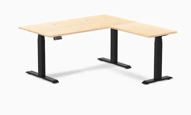 Main image of Desky Hardwood L-Shape Sit Stand Desk - Maple / 60 x 30 x 62 x 20 in with Grommets / Matte Black