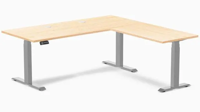 Main image of Desky Hardwood L-Shape Sit Stand Desk - Maple / 72 x 30 x 70 x 24 in with Grommets / Gray