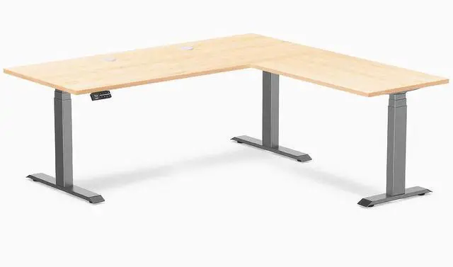 Main image of Desky Hardwood L-Shape Sit Stand Desk - Maple / 72 x 30 x 70 x 24 in with Grommets / Space Gray