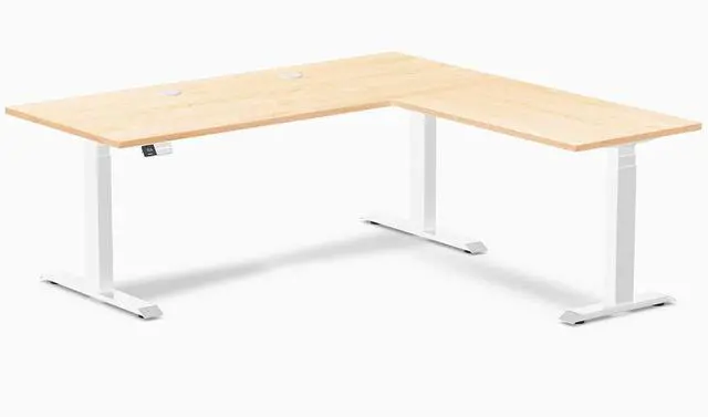Main image of Desky Hardwood L-Shape Sit Stand Desk - Maple / 72 x 30 x 70 x 24 in with Grommets / White