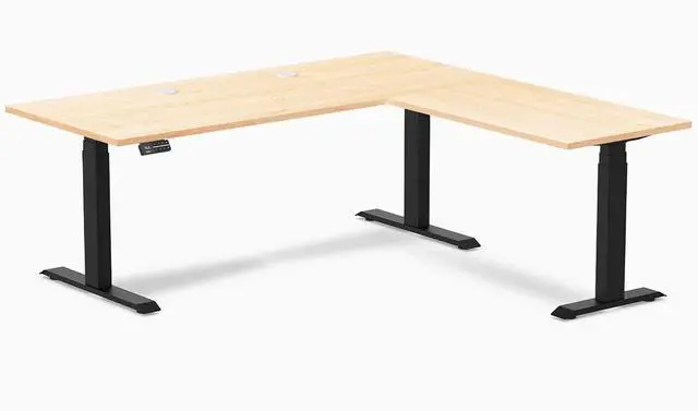 Main image of Desky Hardwood L-Shape Sit Stand Desk - Maple / 72 x 30 x 70 x 24 in with Grommets / Matte Black