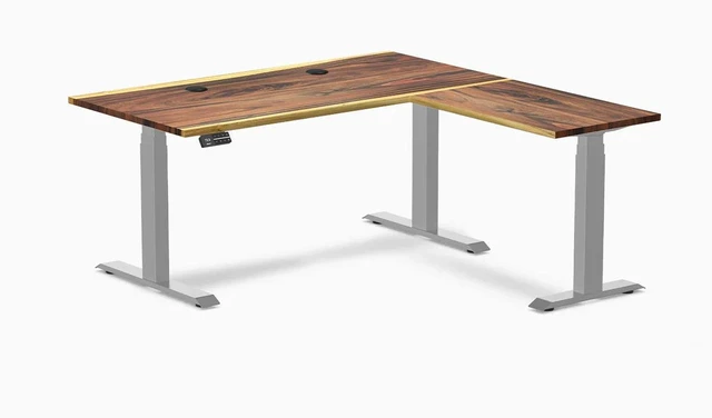 Main image of Desky Hardwood L-Shape Sit Stand Desk - Saman / 60 x 30 x 62 x 20 in with Grommets / Gray