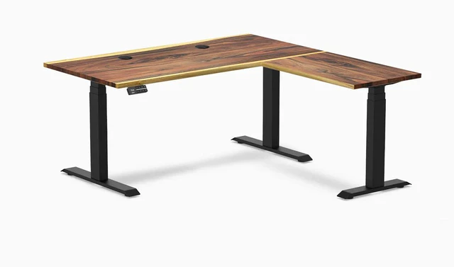 Main image of Desky Hardwood L-Shape Sit Stand Desk - Saman / 60 x 30 x 62 x 20 in with Grommets / Matte Black