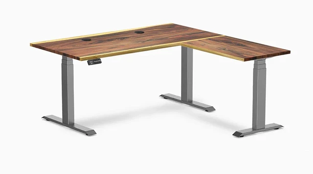 Main image of Desky Hardwood L-Shape Sit Stand Desk - Saman / 60 x 30 x 62 x 20 in with Grommets / Space Gray