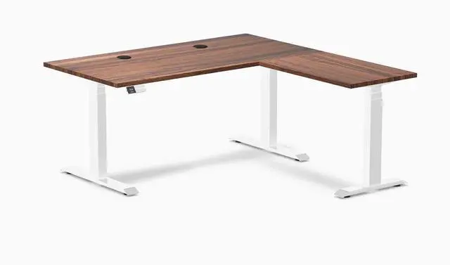 Main image of Desky Hardwood L-Shape Sit Stand Desk - Walnut / 60 x 30 x 62 x 20 in with Grommets / White