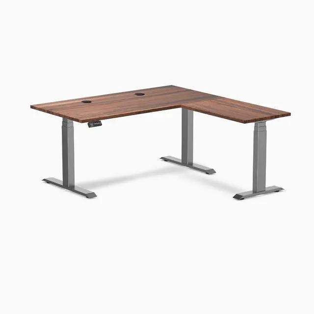Main image of Desky Hardwood L-Shape Sit Stand Desk - Walnut / 60 x 30 x 62 x 20 in with Grommets / Space Gray