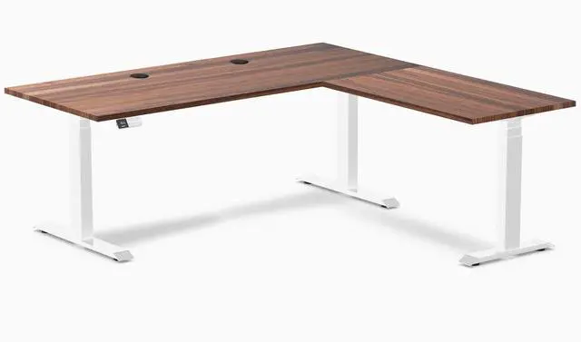 Main image of Desky Hardwood L-Shape Sit Stand Desk - Walnut / 72 x 30 x 70 x 24 in with Grommets / White