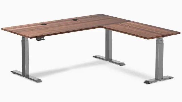 Main image of Desky Hardwood L-Shape Sit Stand Desk - Walnut / 72 x 30 x 70 x 24 in with Grommets / Space Gray