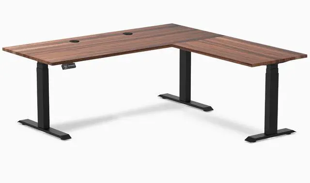 Main image of Desky Hardwood L-Shape Sit Stand Desk - Walnut / 72 x 30 x 70 x 24 in with Grommets / Matte Black