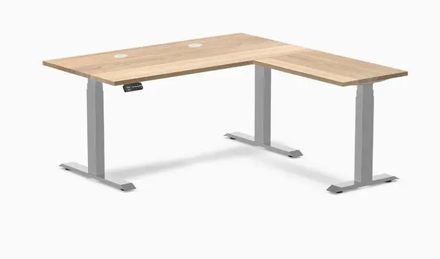 Main image of Desky Hardwood L-Shape Sit Stand Desk - White Ash / 60 x 30 x 62 x 20 in with Grommets / Gray