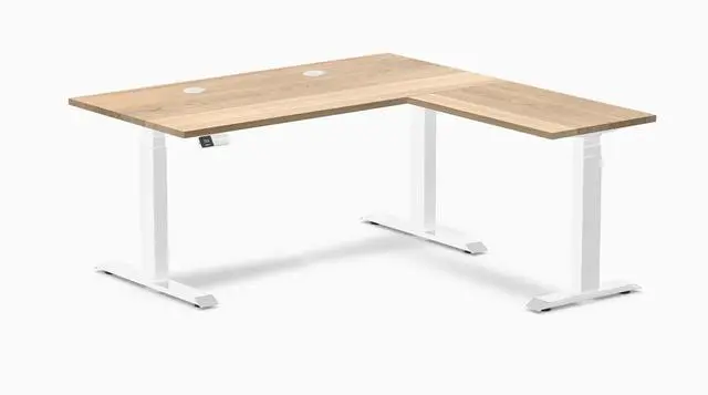 Main image of Desky Hardwood L-Shape Sit Stand Desk - White Ash / 60 x 30 x 62 x 20 in with Grommets / White
