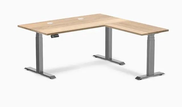 Main image of Desky Hardwood L-Shape Sit Stand Desk - White Ash / 60 x 30 x 62 x 20 in with Grommets / Space Gray