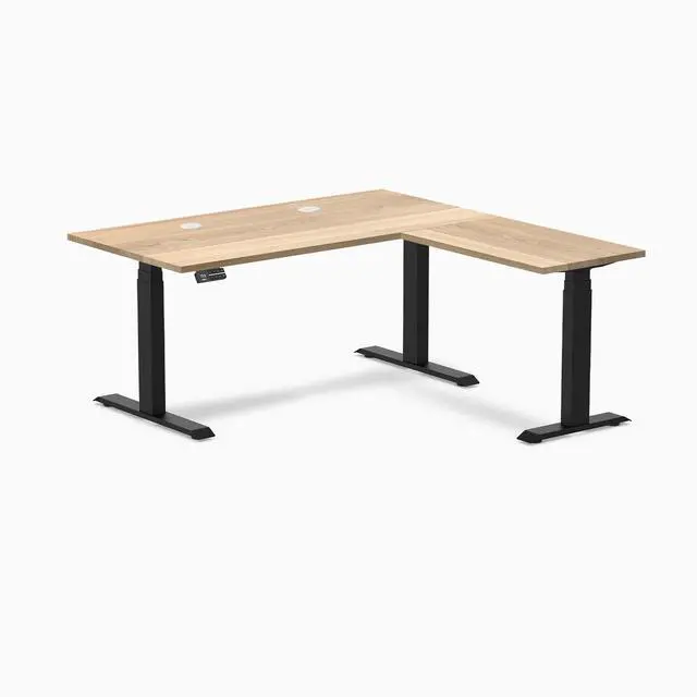Main image of Desky Hardwood L-Shape Sit Stand Desk - White Ash / 60 x 30 x 62 x 20 in with Grommets / Matte Black