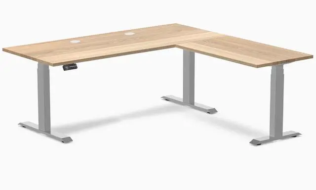 Main image of Desky Hardwood L-Shape Sit Stand Desk - White Ash / 72 x 30 x 70 x 24 in with Grommets / Gray