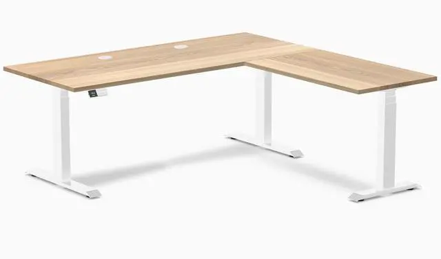 Main image of Desky Hardwood L-Shape Sit Stand Desk - White Ash / 72 x 30 x 70 x 24 in with Grommets / White