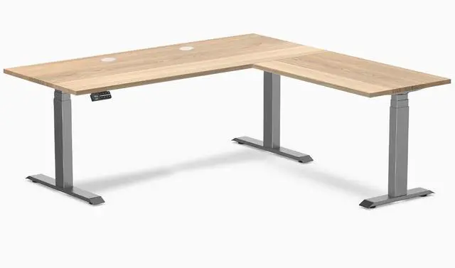 Main image of Desky Hardwood L-Shape Sit Stand Desk - White Ash / 72 x 30 x 70 x 24 in with Grommets / Space Gray