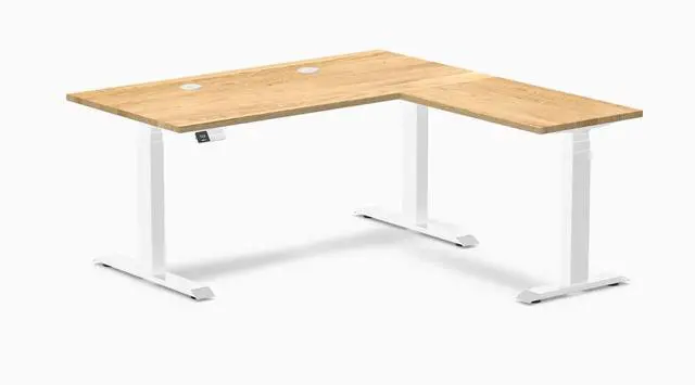 Main image of Desky Hardwood L-Shape Sit Stand Desk - White Oak / 60 x 30 x 62 x 20 in with Grommets / White