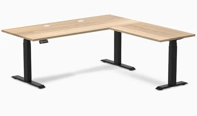 Main image of Desky Hardwood L-Shape Sit Stand Desk - White Ash / 72 x 30 x 70 x 24 in with Grommets / Matte Black
