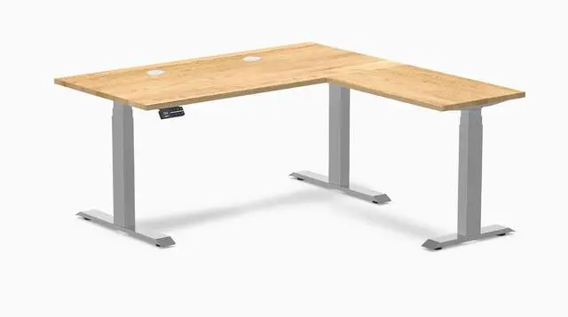 Main image of Desky Hardwood L-Shape Sit Stand Desk - White Oak / 60 x 30 x 62 x 20 in with Grommets / Gray