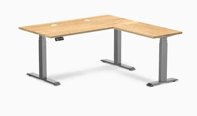 Main image of Desky Hardwood L-Shape Sit Stand Desk - White Oak / 60 x 30 x 62 x 20 in with Grommets / Space Gray