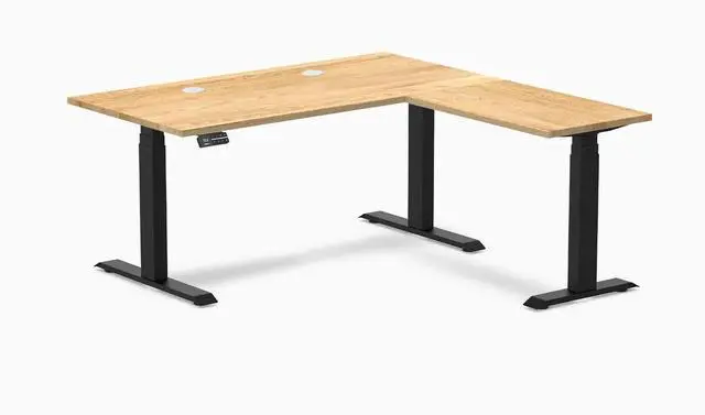 Main image of Desky Hardwood L-Shape Sit Stand Desk - White Oak / 60 x 30 x 62 x 20 in with Grommets / Matte Black