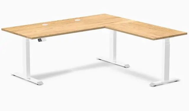 Main image of Desky Hardwood L-Shape Sit Stand Desk - White Oak / 72 x 30 x 70 x 24 in with Grommets / White