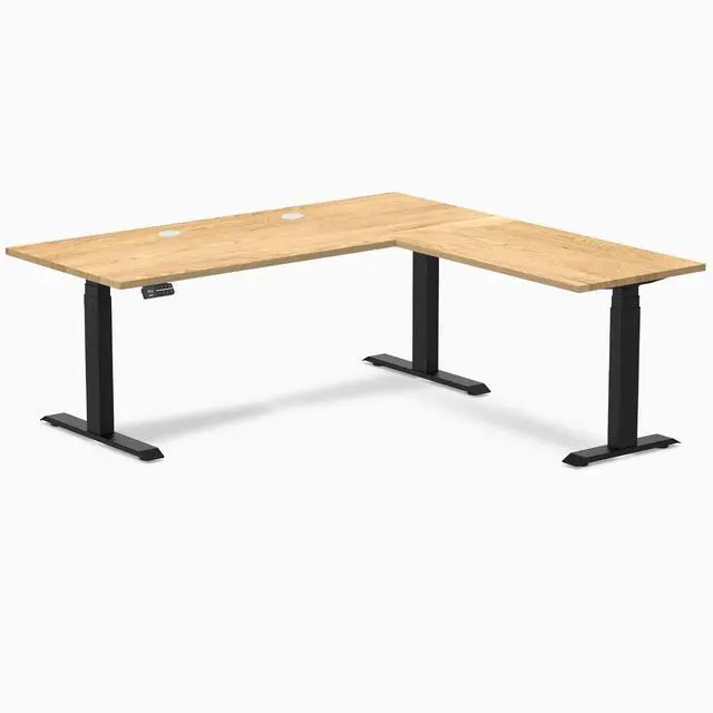 Main image of Desky Hardwood L-Shape Sit Stand Desk - White Oak / 72 x 30 x 70 x 24 in with Grommets / Matte Black