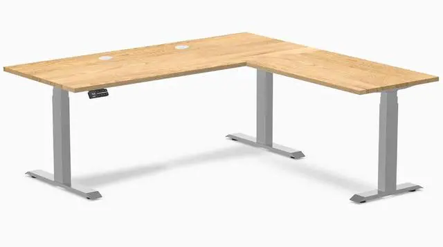 Main image of Desky Hardwood L-Shape Sit Stand Desk - White Oak / 72 x 30 x 70 x 24 in with Grommets / Gray