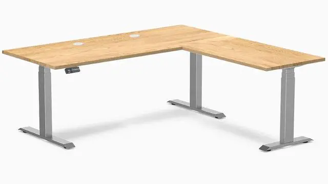 Main image of Desky Hardwood L-Shape Sit Stand Desk - White Oak / 72 x 30 x 70 x 24 in with Grommets / Space Gray