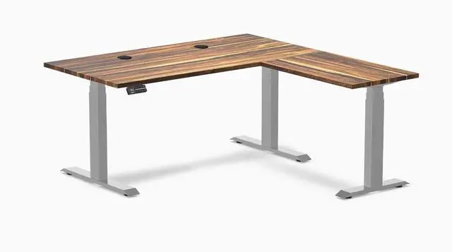 Main image of Desky Hardwood L-Shape Sit Stand Desk - Pheasantwood / 60 x 30 x 62 x 20 in with Grommets / Gray
