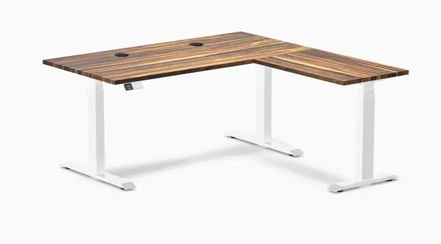 Main image of Desky Hardwood L-Shape Sit Stand Desk - Pheasantwood / 60 x 30 x 62 x 20 in with Grommets / White