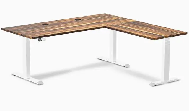 Main image of Desky Hardwood L-Shape Sit Stand Desk - Pheasantwood / 72 x 30 x 70 x 24 in with Grommets / White