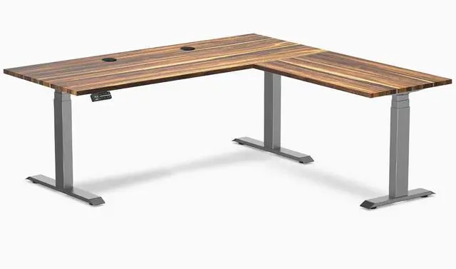 Main image of Desky Hardwood L-Shape Sit Stand Desk - Pheasantwood / 72 x 30 x 70 x 24 in with Grommets / Space Gray