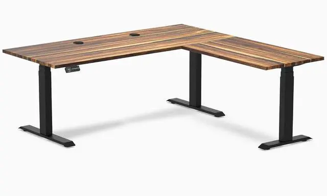 Main image of Desky Hardwood L-Shape Sit Stand Desk - Pheasantwood / 72 x 30 x 70 x 24 in with Grommets / Matte Black