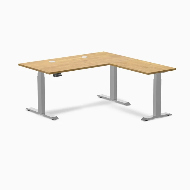 Main image of Desky Rubberwood L-Shape Sit Stand Desk - Light Oak / 60 x 30 x 62 x 20 in with Grommets / Gray